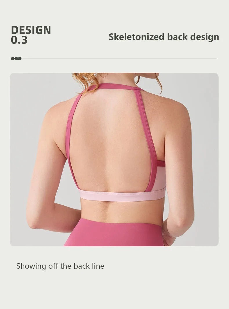 Backless cropped top sport bra and build in pocket legging color blocking set