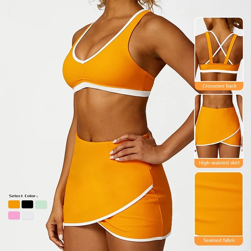 White board seams push up cross back build in pad tennis mini skirt set