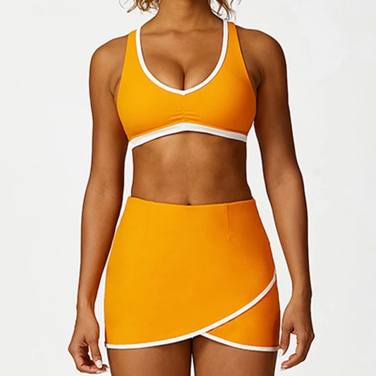 White board seams push up cross back build in pad tennis mini skirt set