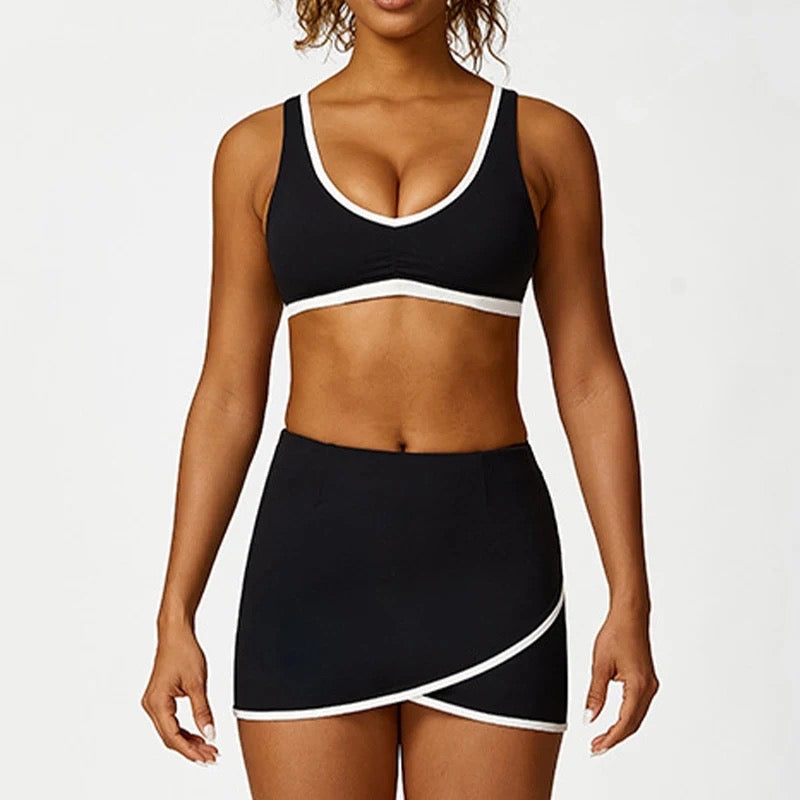 White board seams push up cross back build in pad tennis mini skirt set
