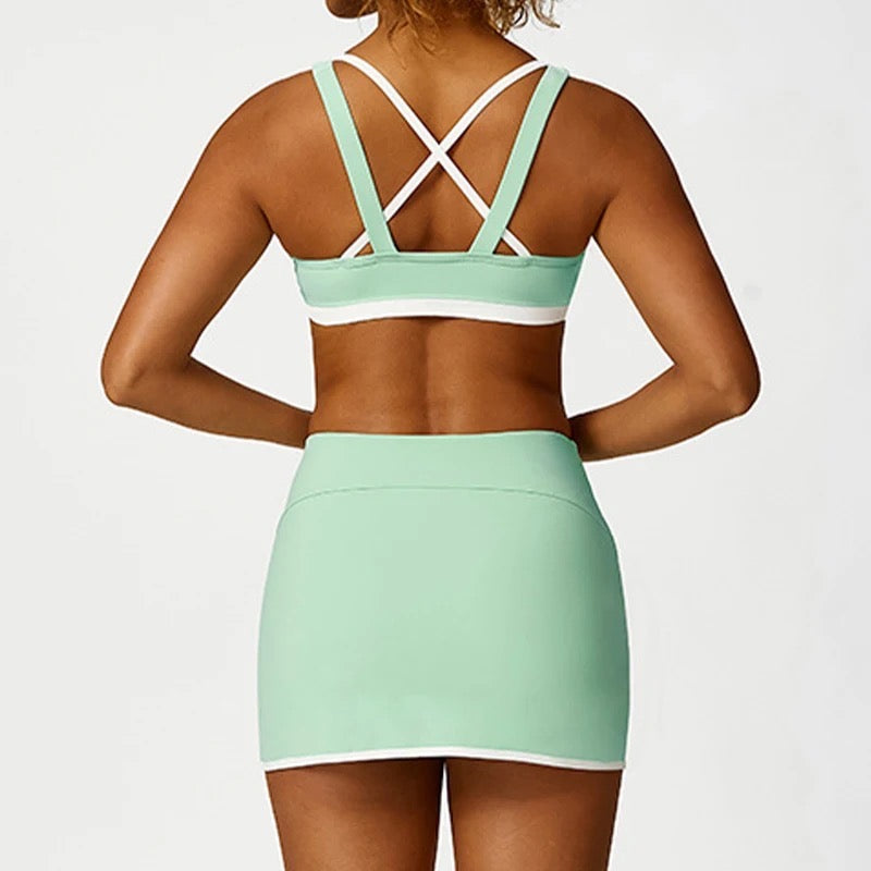 White board seams push up cross back build in pad tennis mini skirt set