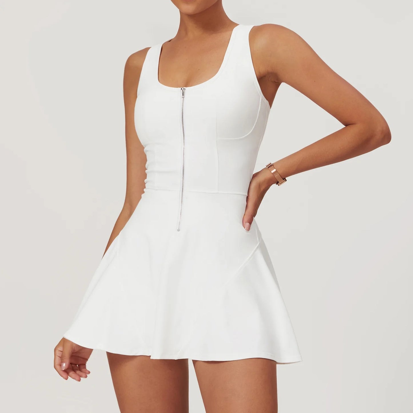 Zip up one piece build in removable pad tennis dress.