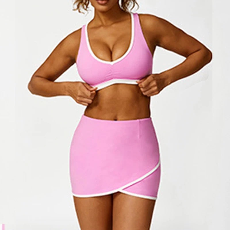 White board seams push up cross back build in pad tennis mini skirt set