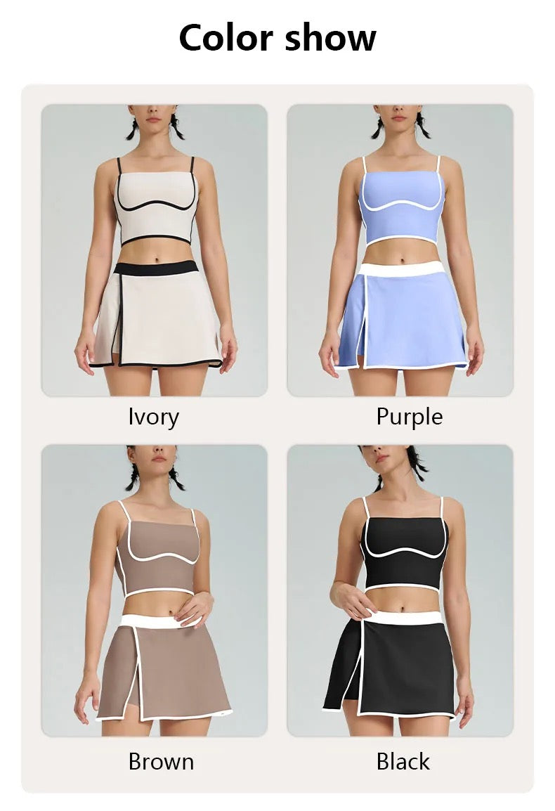 Color block cartoon boarder sport bra with adjustable straps build in layer skirt set