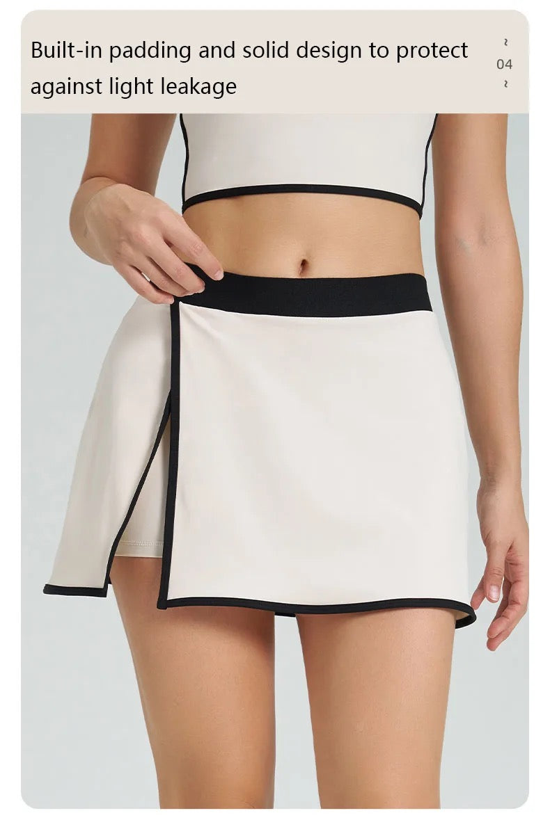 Color block cartoon boarder sport bra with adjustable straps build in layer skirt set