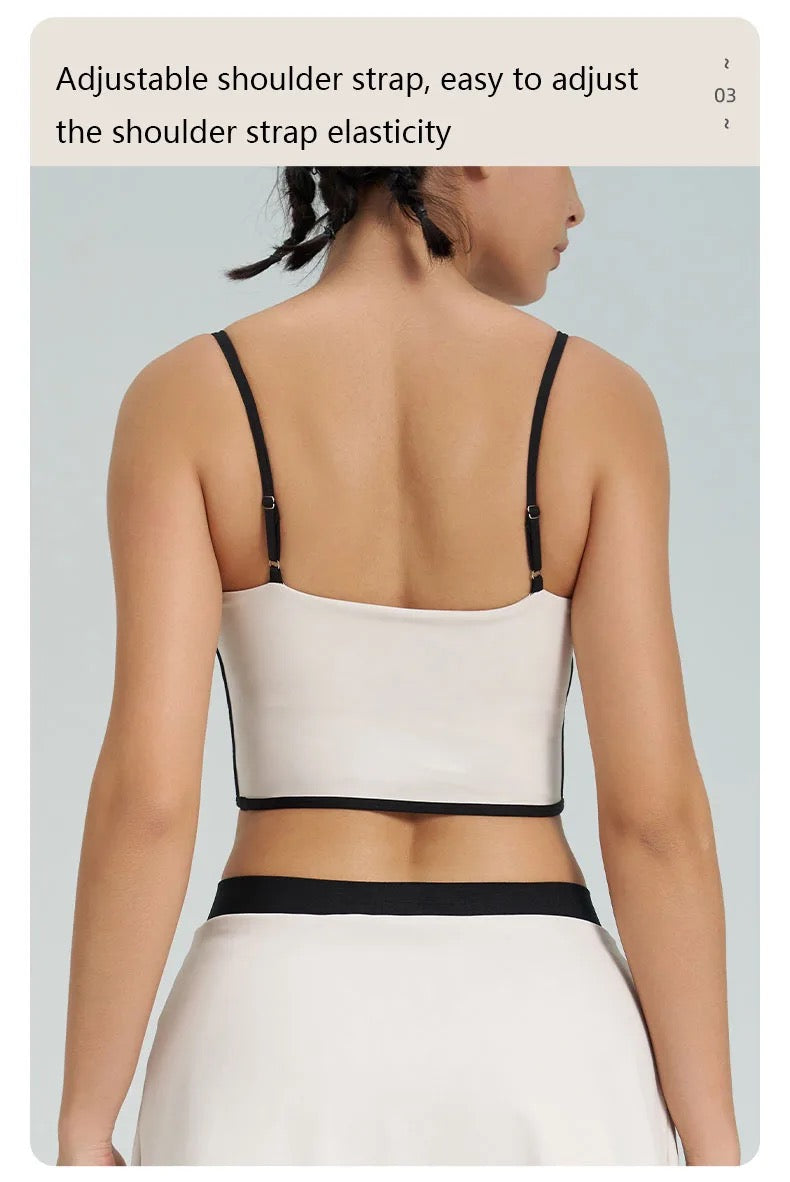 Color block cartoon boarder sport bra with adjustable straps build in layer skirt set