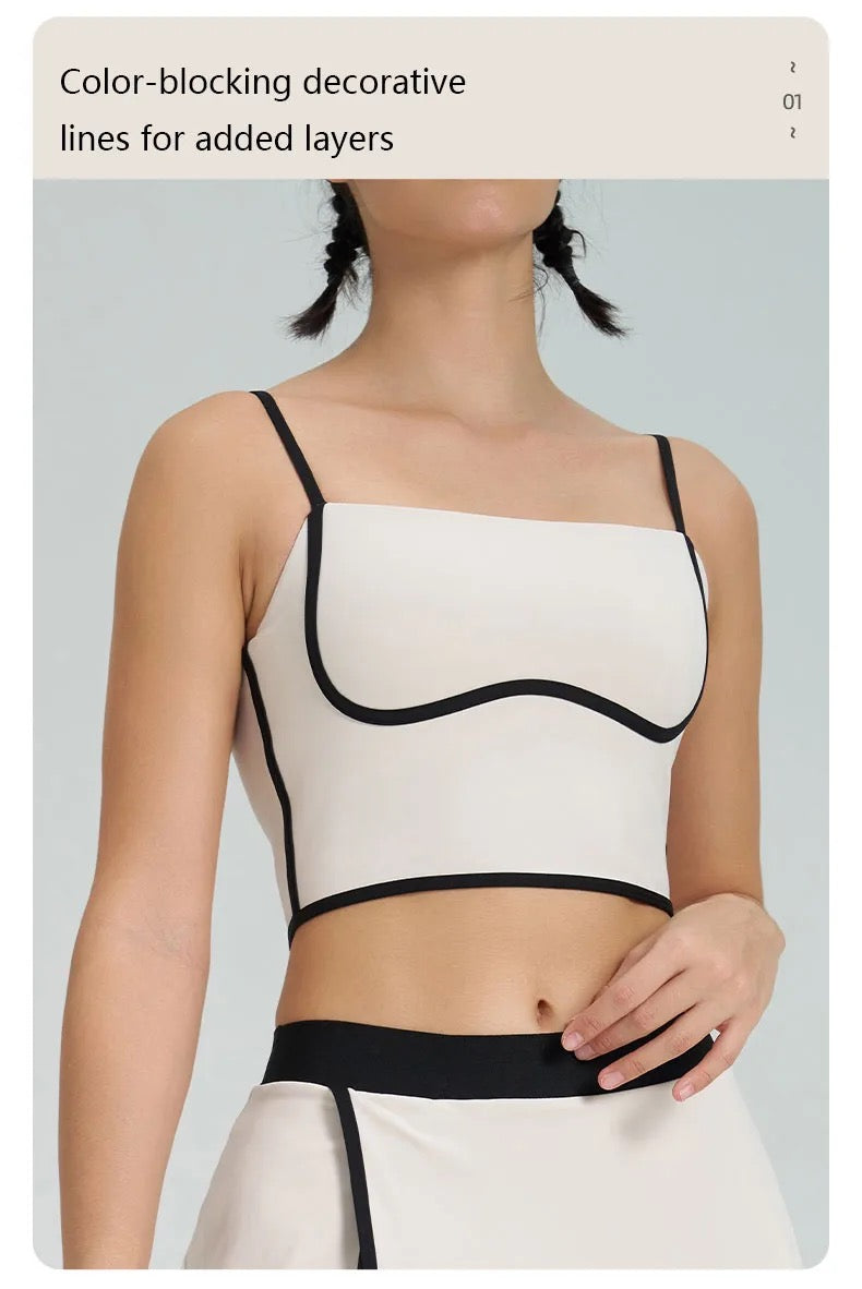 Color block cartoon boarder sport bra with adjustable straps build in layer skirt set