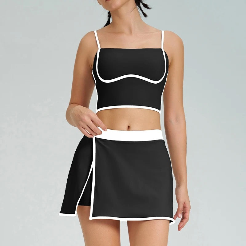 Color block cartoon boarder sport bra with adjustable straps build in layer skirt set
