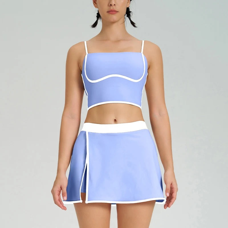 Color block cartoon boarder sport bra with adjustable straps build in layer skirt set