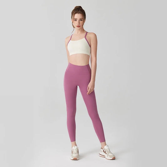 Backless cropped top sport bra and build in pocket legging color blocking set